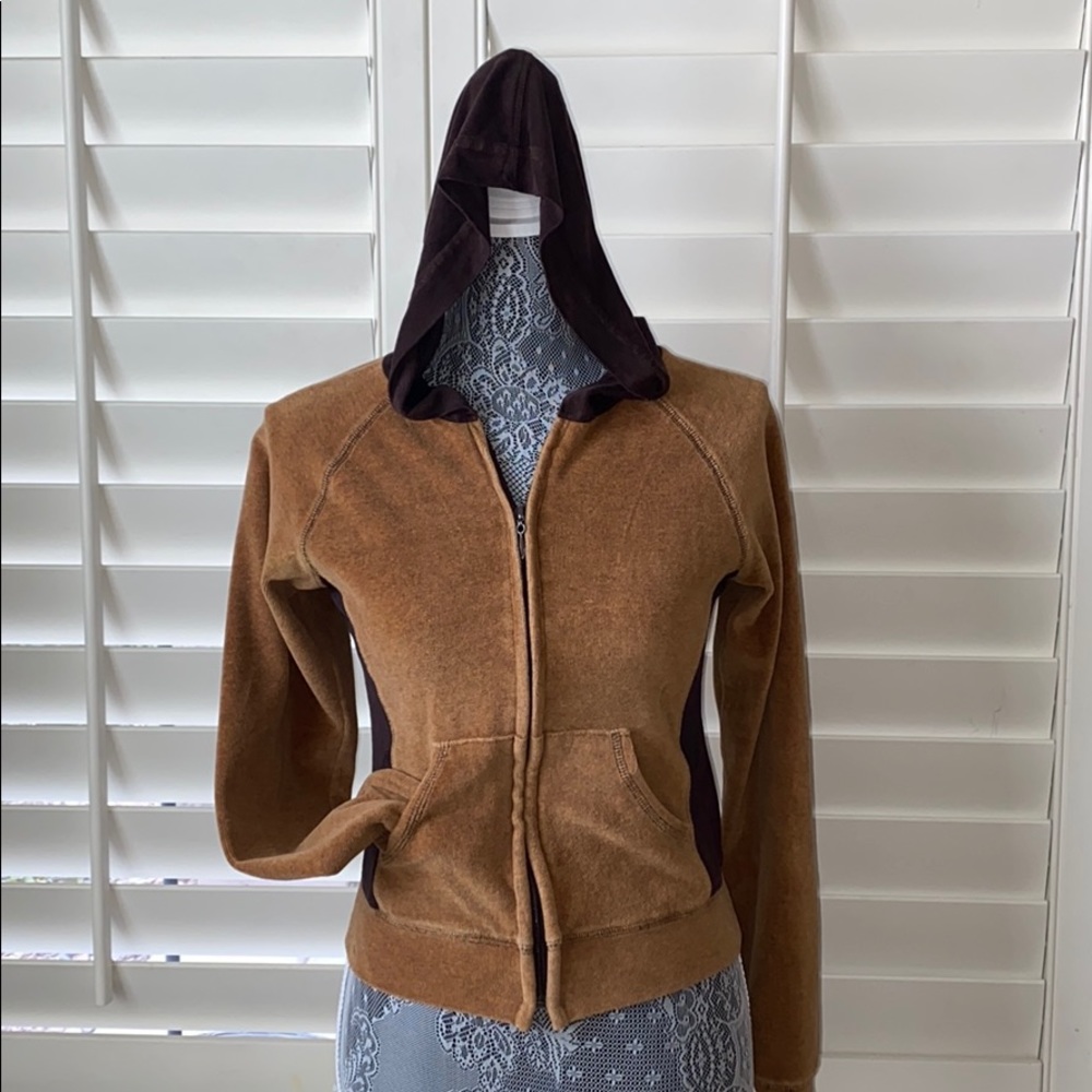 Bebe brown velour hooded zip up sweater size xs